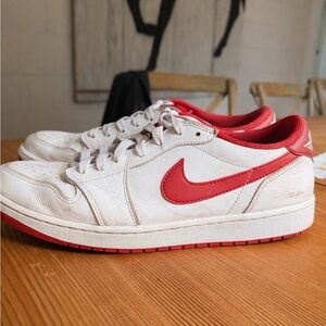 Nike Air Jordan 1 Men’s White and Red Low-Top Sneakers — Red Swoosh